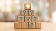 © Blood Group - Wooden blocks pyramid with question marks and light bulb icon, creative problem solving concept, business innovation and brainstorming idea