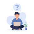 © adakami.art - Person sitting with laptop thinking with question mark above head concept of confusion doubt or problem solving