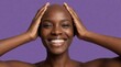 © Alex Pios - bald woman smiling hands face beauty portrait inclusion confidence diversity Joyful adult frames her head with open palms against purple for self acceptance hair loss awareness and wellness branding
