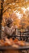 © GALKI - A woman in a cozy sweater and hat enjoys a warm drink at an outdoor cafe, surrounded by the vibrant autumn foliage and falling leaves, exuding a sense of serene contemplation.