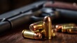 © Daria - A pile of polished brass and copper cartridges resting on a wooden surface with a blurred revolver in the background, symbolizing firearm ammunition and security con