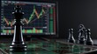 © joeycheung - Black chess king on green board, financial charts in background.