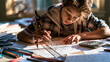 © RB 4k Photo  - Middle school boy drawing geometric shapes with precision. Young student sketching diagrams and angles during focused homework session.