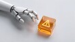 © Doel Studio - Robotic hand reaching for glowing orange cube with warning exclamation mark. Concept of artificial intelligence risk and cybersecurity alert mockup.
