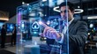 © Caleb - Corporate executive interacting with advanced holographic cybersecurity dashboard, cloud computing data protection system status, global network connection and firewall active