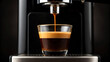 © Team Work - Espresso pouring into glass cup under machine nozzle. Freshly brewed coffee extraction with rich crema layer.