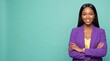 © Aurora Aesthetics - businesswoman confident woman black armscrossed professional purple blazer background copyspace A poised professional stands with folded arms and a smile for leadership branding and career campaigns