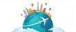 © itlada - Travel concept with airplane around globe featuring famous world landmarks, colorful hot air balloons, and soft white clouds in a clean flat illustration style for tourism design