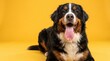 © Eka - Portrait of a Happy Bernese Mountain Dog Lying Down on a Vibrant Yellow Background