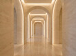 © Sheuli - Long corridor with series of arched doorways made of beige travertine stone illuminated by soft hidden led strip lights on the walls