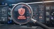 © Izdihaar - Cybersecurity threat detected alert through magnifying glass on monitor showing network intrusion and malware defense system dashboard.