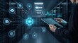 © Izdihaar - IT administrator monitoring data center network with futuristic holographic interface representing cloud infrastructure management