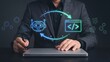 © NK - AI code generation and automation concept businessman using laptop with robot and programming code icons connected by arrows for software development machine learning and coding integration