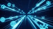 © Funster - A futuristic technology interface displaying a digital network with data flow icons and AI automation.
