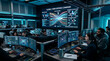 © aura - Global Cyber Security Defense Command Center - Operators Monitoring World Network Threat Map on Screens
