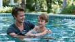 © Tanu - Father teaching son to swim in a pool during sunny day with shallow depth of field