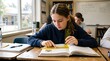 © UmmaAsma - Teenage girl using a ruler in class. Student studying with textbook at school desk.