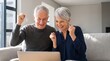 © Eve - Happy senior couple celebrating online financial success on laptop, excited mature clients satisfied with retirement pension investment, mortgage approval or tax refund concept at modern home