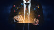 © InfiniteFlow - Businessman using tablet to connect with digital icons representing various services and locations, symbolizing networking and technology in modern communication. Entropy.