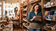 © Kleber - Smiling woman small business owner using tablet in boutique store checking inventory of artisanal textiles and clothing