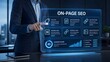 © Graphic Plenty - A professional businessman interacting with a digital holographic interface displaying various on page search engine optimization strategy data metrics