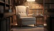 © Justlight - Quiet reading area framed by blurred bookcases highlighting a softly lit armchair and side table with a steaming cup promoting peaceful alone time and relaxation.