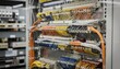 © Justlight - Central office switching room blending old and new tech detailed focus on integrated fiber and copper patch panels with soft bokeh effects on peripheral equipment.