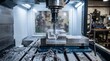 © design goodie - Industrial metal milling machine cutting a precision steel part in a modern workshop.