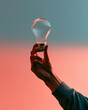 © Hina Sarfraz - Hand holding an empty light bulb against a colorful gradient sky
