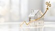 © Hasyuni - Glass house model with an upward golden arrow and percentage sign. Concept of real estate market growth, property investment, and mortgage interest.