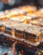 © syaura - Macro view of futuristic electronic hardware components with glowing golden light sparks and bokeh effects for high-tech backgrounds