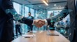 © Fang - Global business partnership handshake with world map overlay, international trade and logistics network connection, corporate agreement, supply chain management
