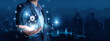 © AD - Security Officer Hand Hold Cybersecurity and Threat Defense global networking data. Network Protection, Firewalls, Vulnerability Scanning, Data Encryption