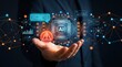 © Bin - Hand holding AI chip hologram with warning alert, cyber security, artificial intelligence network, data privacy, machine learning, tech innovation, digital threat, system error