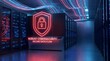 © MSTHIRAMONY - Cybersecurity concept with glowing red shield and padlock icon in a modern data center server room