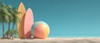 © Blue Rain - Two colorful surfboards standing next to a beach ball on a sandy tropical beach with palm trees under a clear blue sky