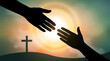 © Suta - Silhouette of Two Hands Reaching Toward Each Other with a Cross and Bright Sun Background Representing Faith and Hope