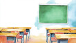 © Thanakit  - Watercolor illustration of classroom featuring empty desks and green chalkboard, evoking sense of learning and creativity