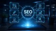 © LogoBoothPro - Digital marketing concept with a futuristic interface showing seo search engine optimization strategy and online business growth