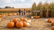 © MyDigitalCraft - Pumpkin patch near corn maze, Families walking through pumpkin patch on autumn day in farm