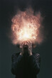 © DOC - surreal photo, woman with exploding head, black sweater and hands on face beneath glowing smoke on black, photorealistic.png