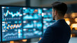 © Nataliya - Faceless businessman standing in front of digital interface displaying data visualizations, charts and graphs, business intelligence concept, defocused background, with copy space