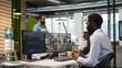 © DC Studio - Tech startup office team uses a video call to brainstorm backup solutions against data loss as remote developers write AI code and configure software during the online teleconference.