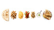 © Muhammad - Grilled chicken quesadilla ingredients layout, fresh tortilla with melted cheese and peppers, mexican food recipe components on white background