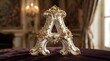 © Satria - Letter A sculpture displays exquisite gold metalwork and floral relief patterns on a plush velvet pedestal.