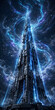 © qay - Futuristic skyscraper with glowing blue energy streams against a cosmic nebula background, suitable for science fiction concepts, technology marketing and gaming visuals