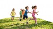 © Criativ Illustra - Diverse group of happy children running together outdoors on a sunny day with green grass and white background