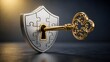 © AI Image Studio - Golden key unlocking metallic jigsaw puzzle shield with central keyhole. Concept of cybersecurity encryption, data privacy protection, and corporate vulnerability management.