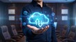 © CuteBee - Corporate executive presenting a futuristic cloud computing interface with glowing circuit board patterns and floating 3D data cubes in a modern office environment for digital business