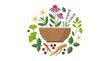 © Ahmad - Flat illustration of various medicinal herbs and healing plants arranged around a wooden bowl